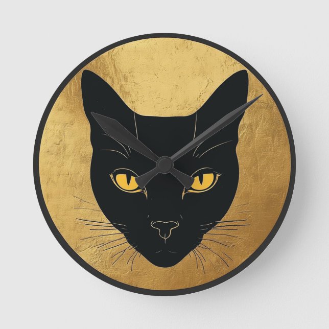 Black Cat Silhouette Against a Gold Circle Round Clock (Front)