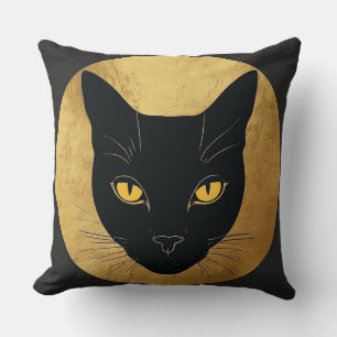 Black Cat Silhouette Against a Gold Circle Throw Pillow