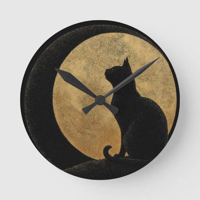 Black Cat Silhouette Against a Golden Moon Round Clock (Front)