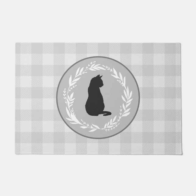 Black Cat Silhouette Buffalo Check Pattern Grey Doormat (Front)