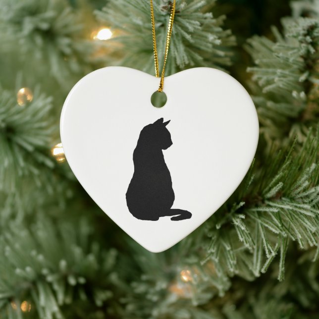 Black Cat Silhouette Christmas Art Ceramic Ornament (Tree)