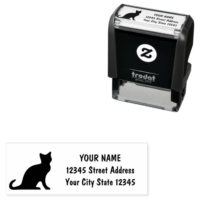 Black cat silhouette custom return address self-inking stamp (In Situ)