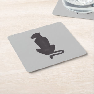 Black Cat Silhouette grey paper coasters