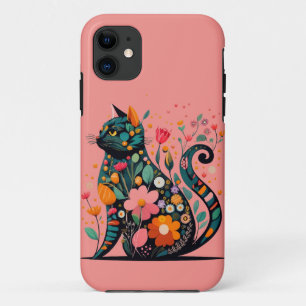 Black Cat silhouette made of colourful flowers iPhone 11 Case