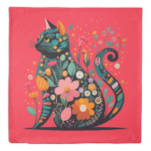 Black Cat silhouette made of colourful flowers