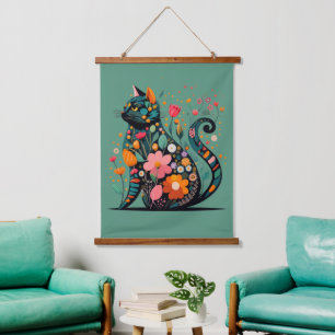 Black Cat silhouette made of colourful flowers Hanging Tapestry