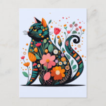 Black Cat silhouette made of colourful flowers