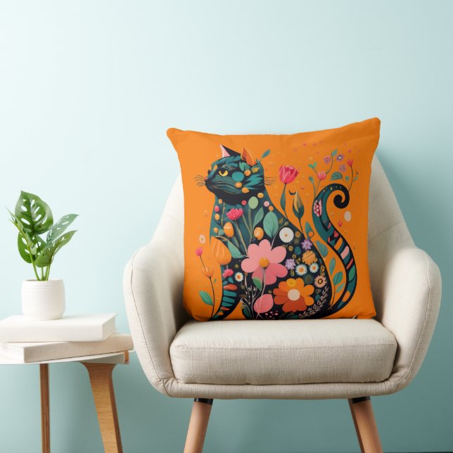 Black Cat silhouette made of colourful flowers Throw Pillow (Chair)