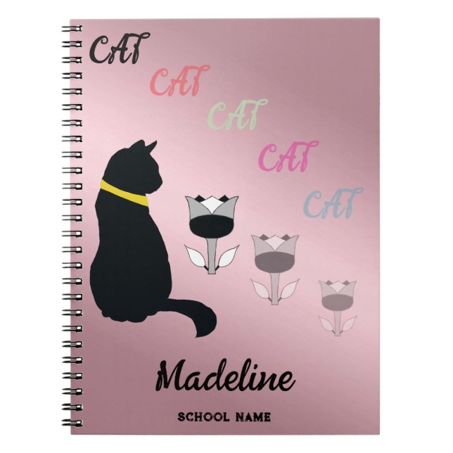 Black Cat Silhouette Modify Text & Flower Opacity Notebook (Front)