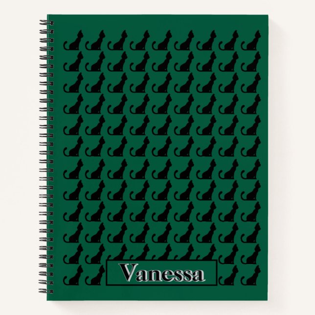 Black Cat Silhouette Notebook  - Green Background (Front)