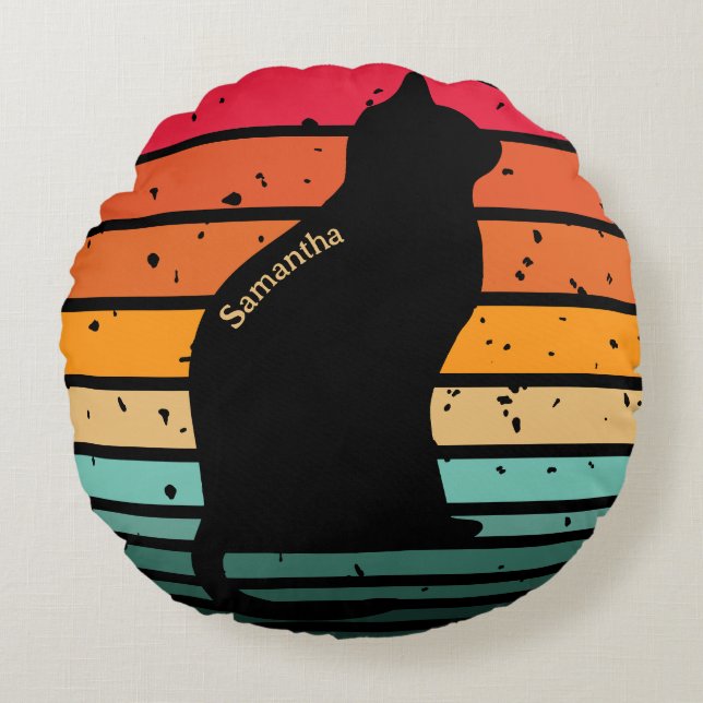 Black Cat Silhouette on Distressed Rainbow Round Pillow (Front)