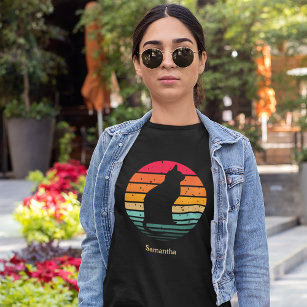 Black Cat Silhouette on Distressed Rainbow T-Shirt