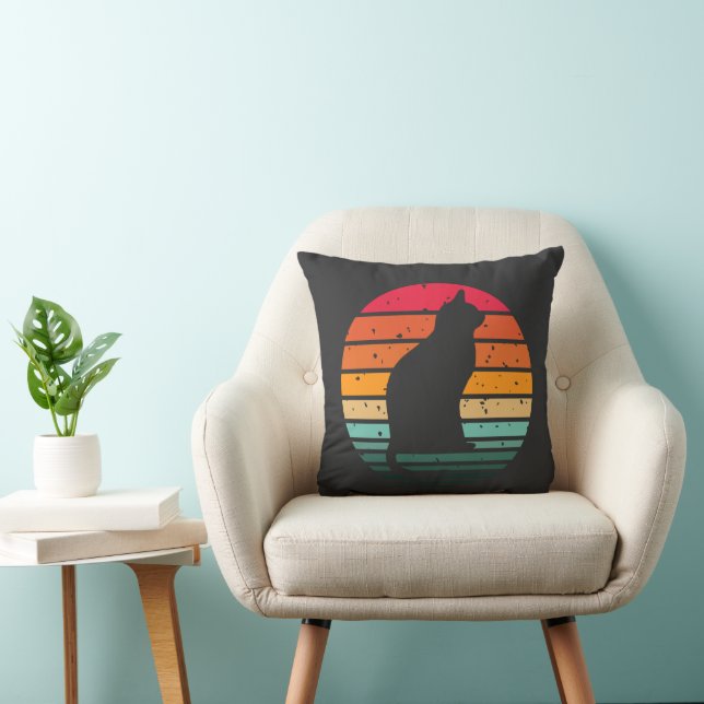 Black Cat Silhouette on Distressed Rainbow Throw Pillow (Chair)