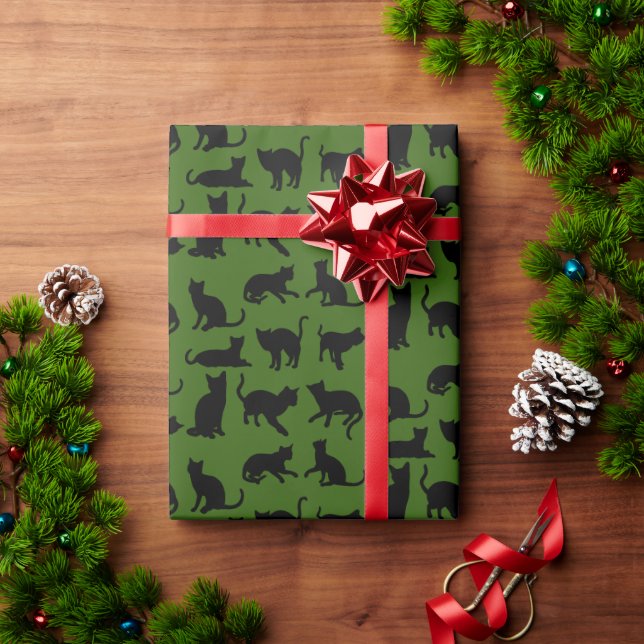 Black Cat Silhouette on Green Wrapping Paper (Holiday Gift)