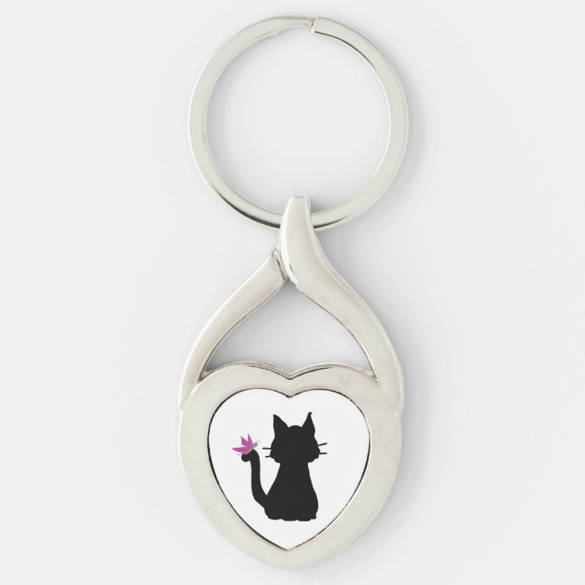 Black Cat Silhouette Pink Butterfly Keychain (Front)