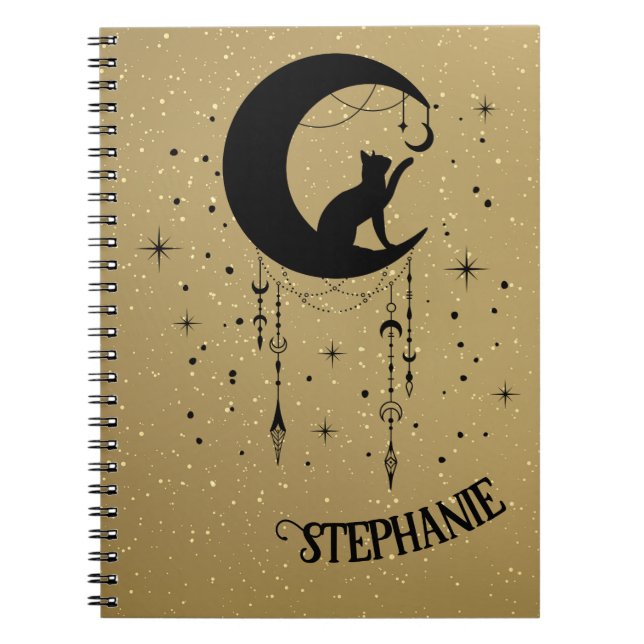 Black Cat Silhouette Playing On Decorated Moon Notebook (Front)