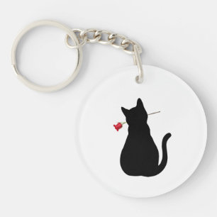 Black Cat Silhouette Red Rose NAME Fun Pet Lover Keychain