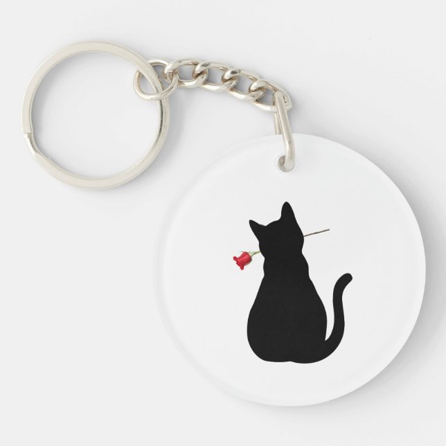 Black Cat Silhouette Red Rose NAME Fun Pet Lover Keychain (Front)