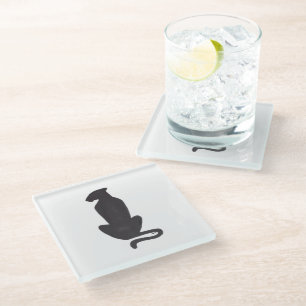 Black Cat Silhouette white glass coaster