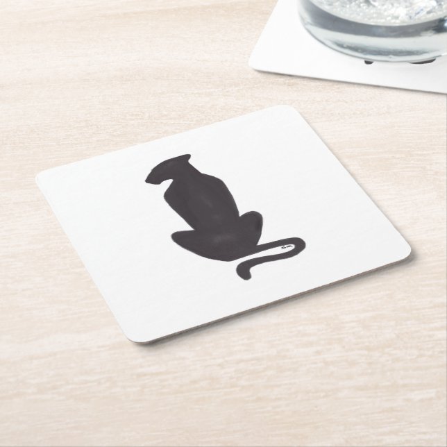 Black Cat Silhouette white paper coasters (Angled)