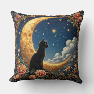 Black Cat Sitting by a Crescent Moon Throw Pillow