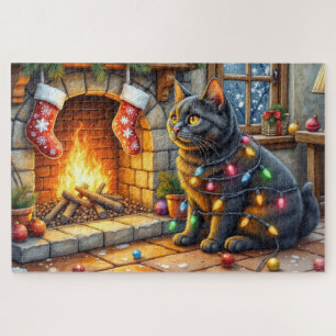Black Cat Sitting Fireplace with Christmas Lights Jigsaw Puzzle