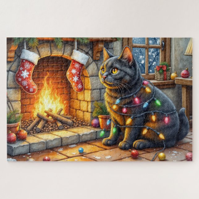 Black Cat Sitting Fireplace with Christmas Lights Jigsaw Puzzle (Horizontal)