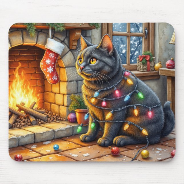 Black Cat Sitting Fireplace with Christmas Lights Mouse Pad (Front)