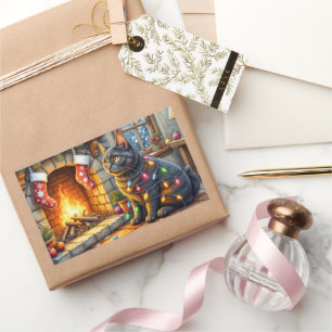 Black Cat Sitting Fireplace with Christmas Lights Sticker