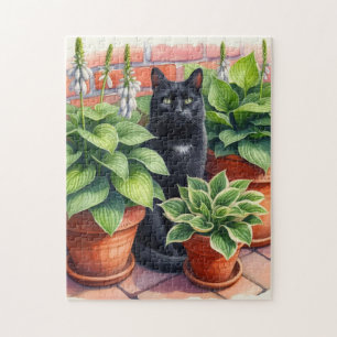 Black Cat Sitting in Hosta Garden Jigsaw Puzzle