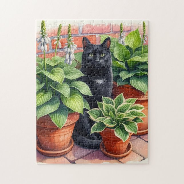 Black Cat Sitting in Hosta Garden  Jigsaw Puzzle (Vertical)