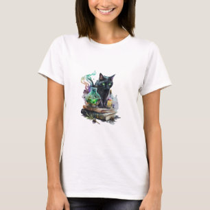 Black Cat Sitting on Books Potions Halloween T-Shirt