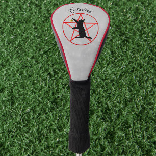Black Cat Sitting on Red Pentagram Gold Star Grey Golf Head Cover