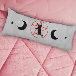 Black Cat Sitting on Red Pentagram Moon Stars Grey Body Pillow