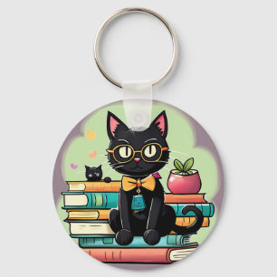 Black cat sitting on top of a pile of books keychain