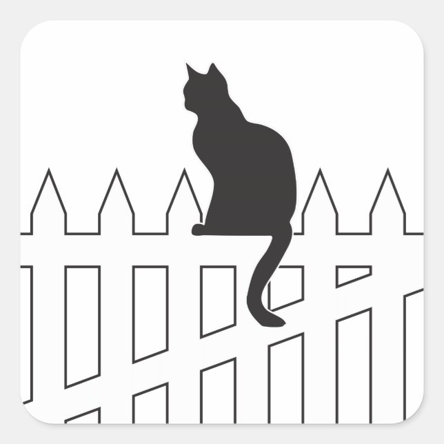 Black Cat Sitting on White Picket Fence Waiting Square Sticker (Front)