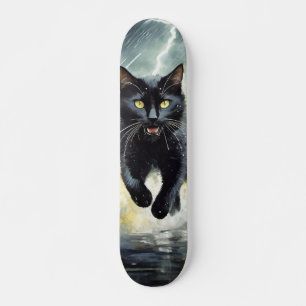 Black Cat Skateboard Running in the Rain