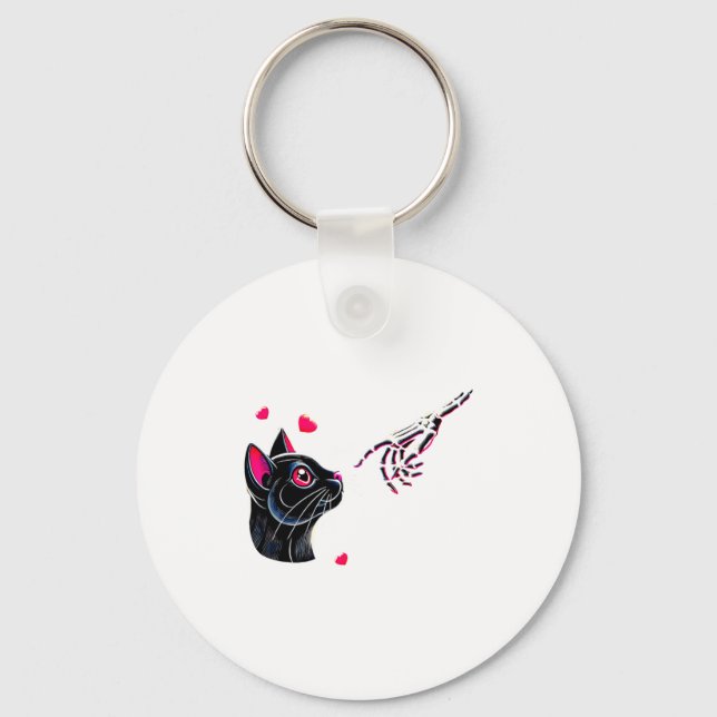 Black Cat Skeleton Hand Boop Valentines Day Pet O  Keychain (Front)