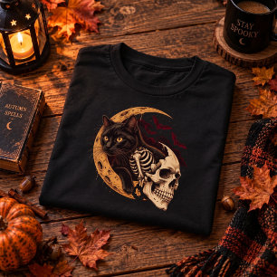 Black Cat Skeleton Skull Moon Halloween T-Shirt