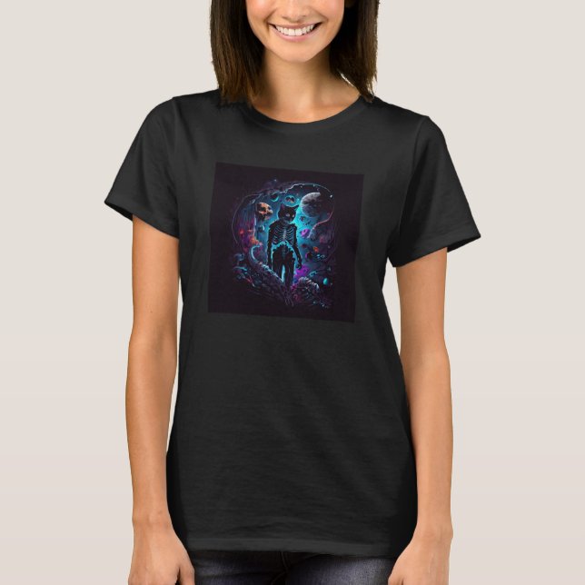 Black Cat Skeleton Space T-Shirt (Front)