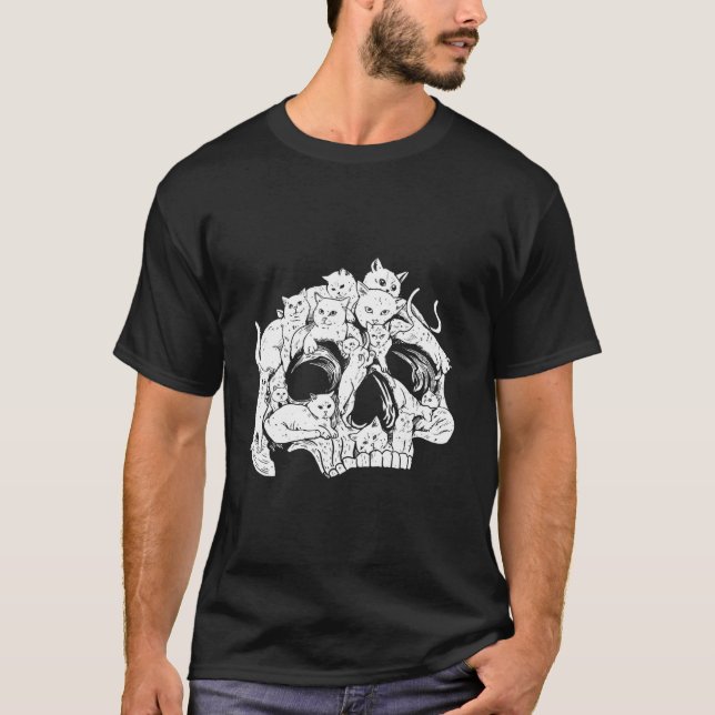 Black Cat Skull Kitty Skeleton Scary Halloween T-Shirt (Front)