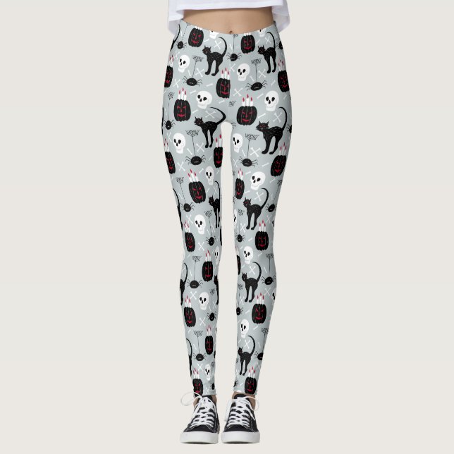 Black Cat Skull Leggings - Women's Halloween Tight (Front)