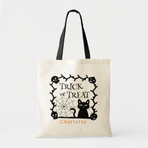 Black Cat Skull Personalized Name Trick Or Treat Tote Bag