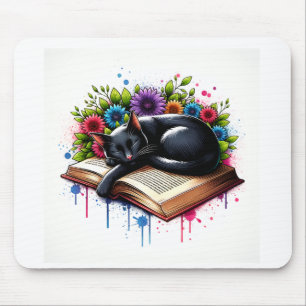 Black Cat Sleeping on Book with Flowers Mouse Pad