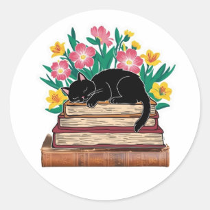 Black Cat Sleeping on Books Sticker, spring flower Classic Round Sticker