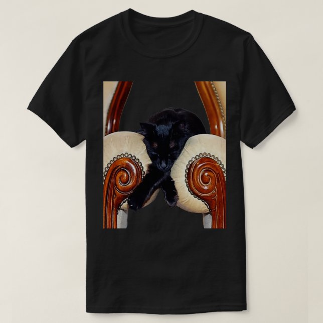 Black Cat Slouched Between Two Chairs Legs Crossed T-Shirt (Design Front)
