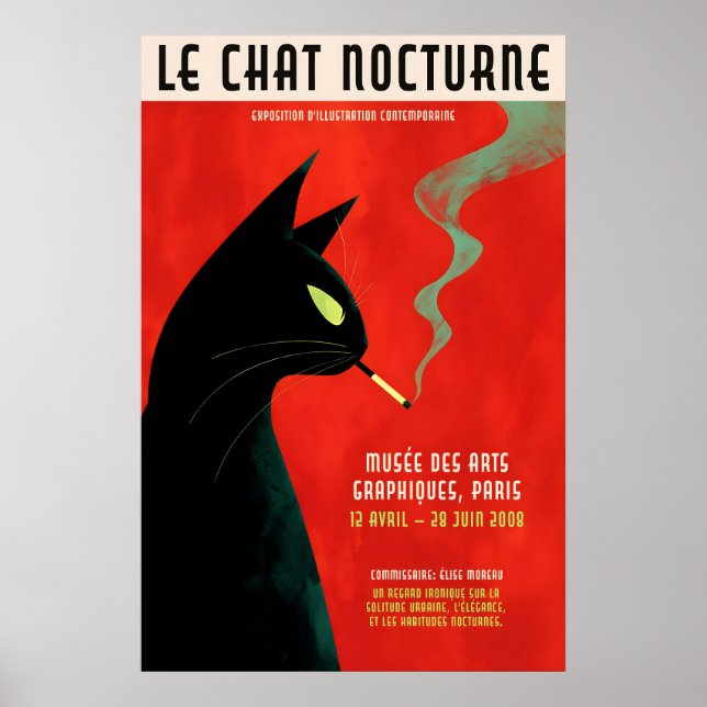 Black Cat Smoking Poster - Retro French Exhibition (Devant)