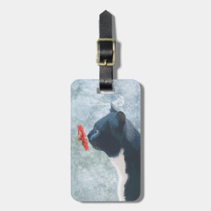 Black Cat Sniffing Flower Luggage Tag