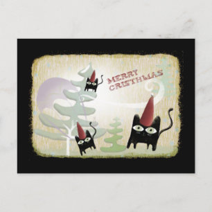 Black cat snow tree wind december cold  postcard