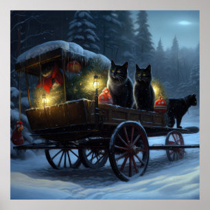 Black Cat Snowy Sleigh Ride Christmas Decor  